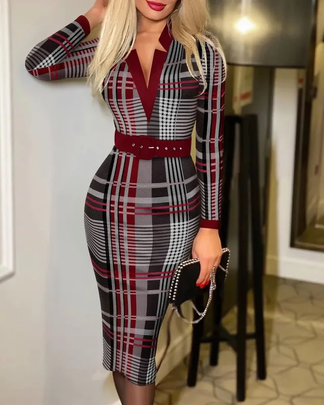 Dames sexy midi-kokerjurk met geometrisch patroon, V-hals en riem, gebreide bodycon-jurk met lange mouwen, geschikt voor alle seizoenen