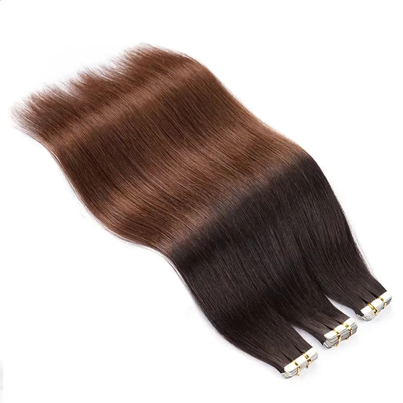 Doreen Ombre Brown Dark Roots Tape in Hair Extensions Human Hair Invisible Tape Hair for Thin Hair 20Pcs/set 50G Skin Weft Hair