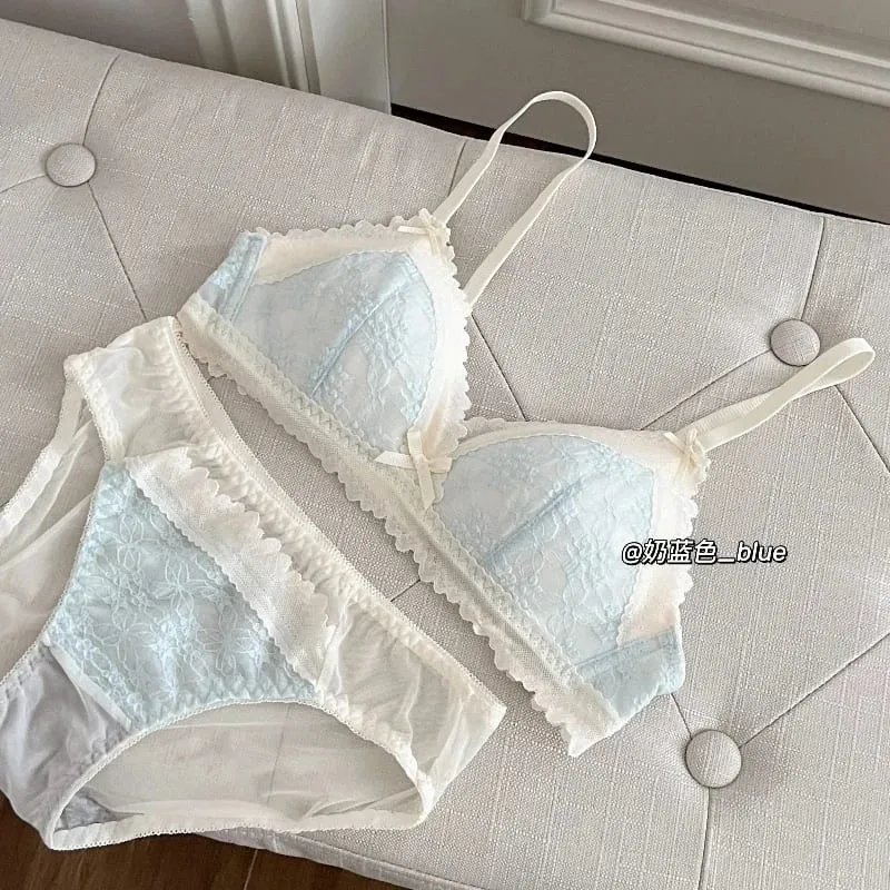 작은 가슴을위한 일본식 Bralette 무선 레이스 브래지어 세트 여성 섹시한 프랑스어 통기성 컴포트 속옷을 밀어