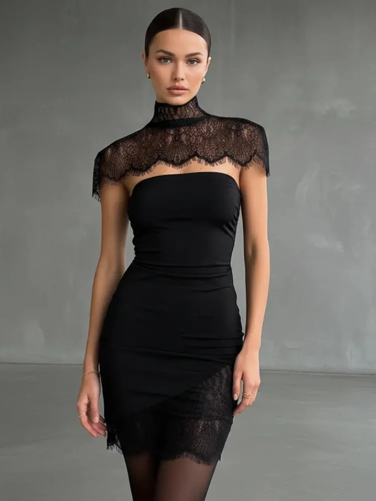 Black Lace Patchwork Strapless Dress Women Sexy Cape Shawl Waist Cinching Slim Mini Dresses Lady Evening Club Party Gowns 2026