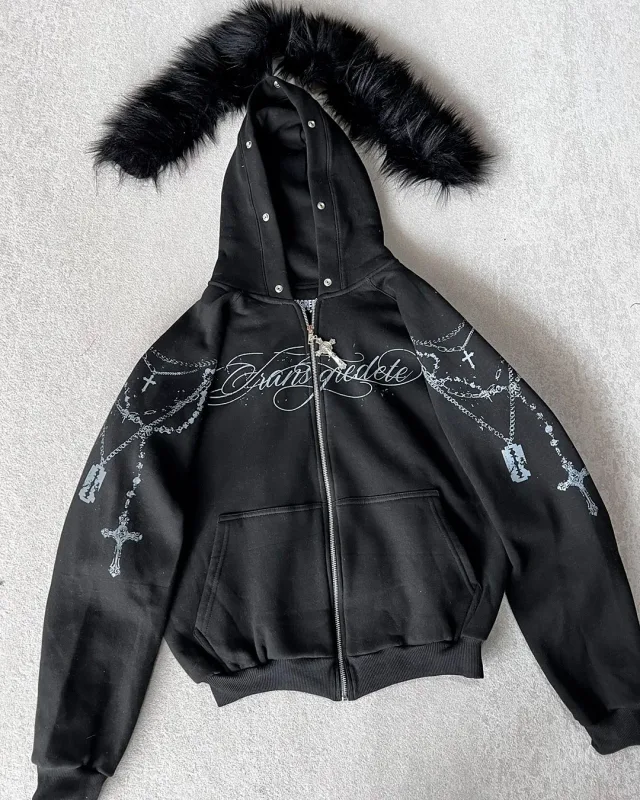 American Retro Rock Gothic Graphic Fur Collar Loose Zipper Sweatshirt Men's Y2K New Harajuku Punk Casual Joker Hoodie Streetwear