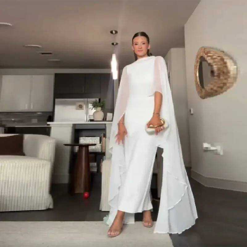 Stylish White Shawl Slim Fit Maxi Dress Women Elegant Cape Sleeve Round Neck Bodycon Vestido 2026 Lady Summer Chic Party Robes