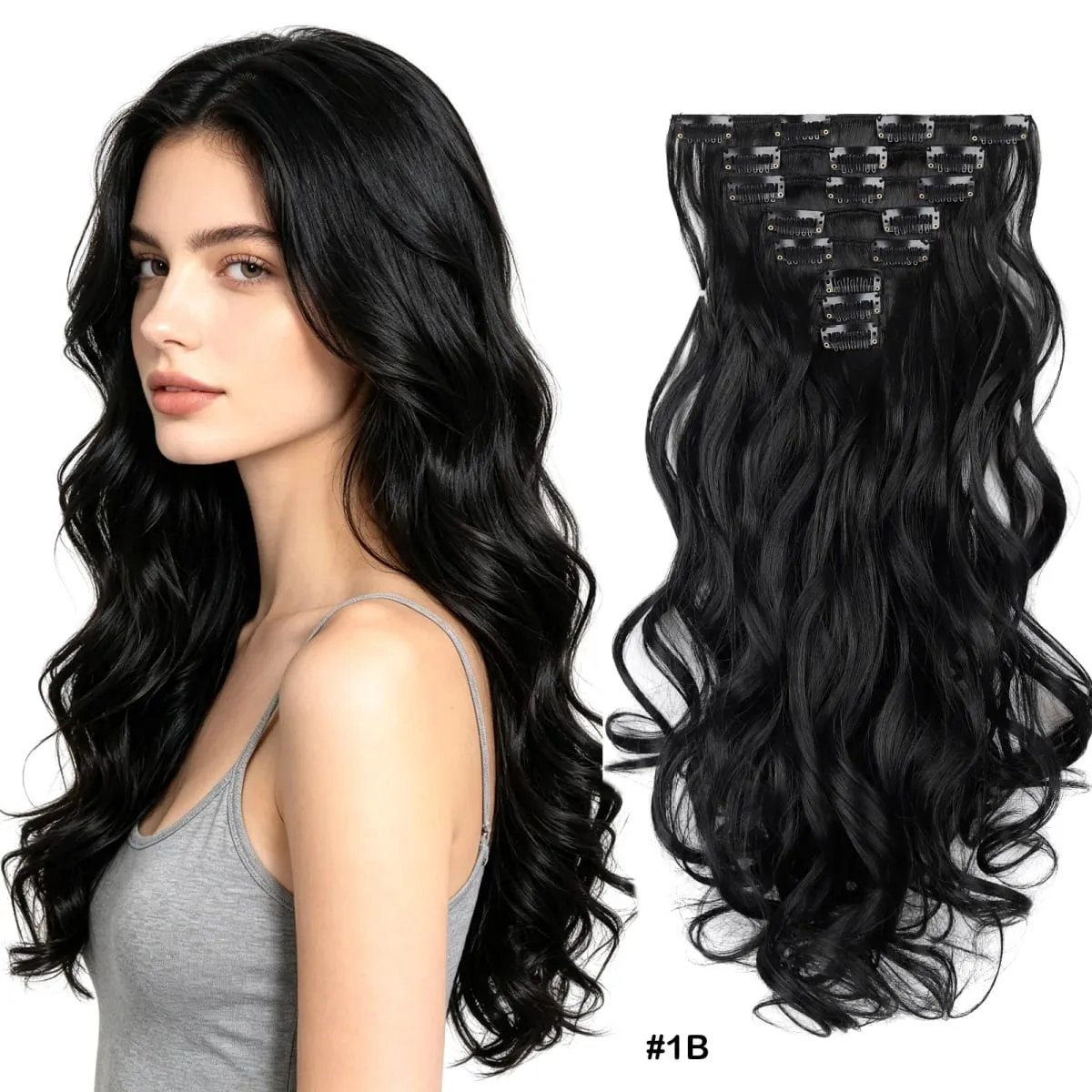 Clip in Hair Extensions Set Full Head 8Pieces With 17clips Synthetic Wavy Hair 20 Inch Matte Heat Resistant Multi Colors