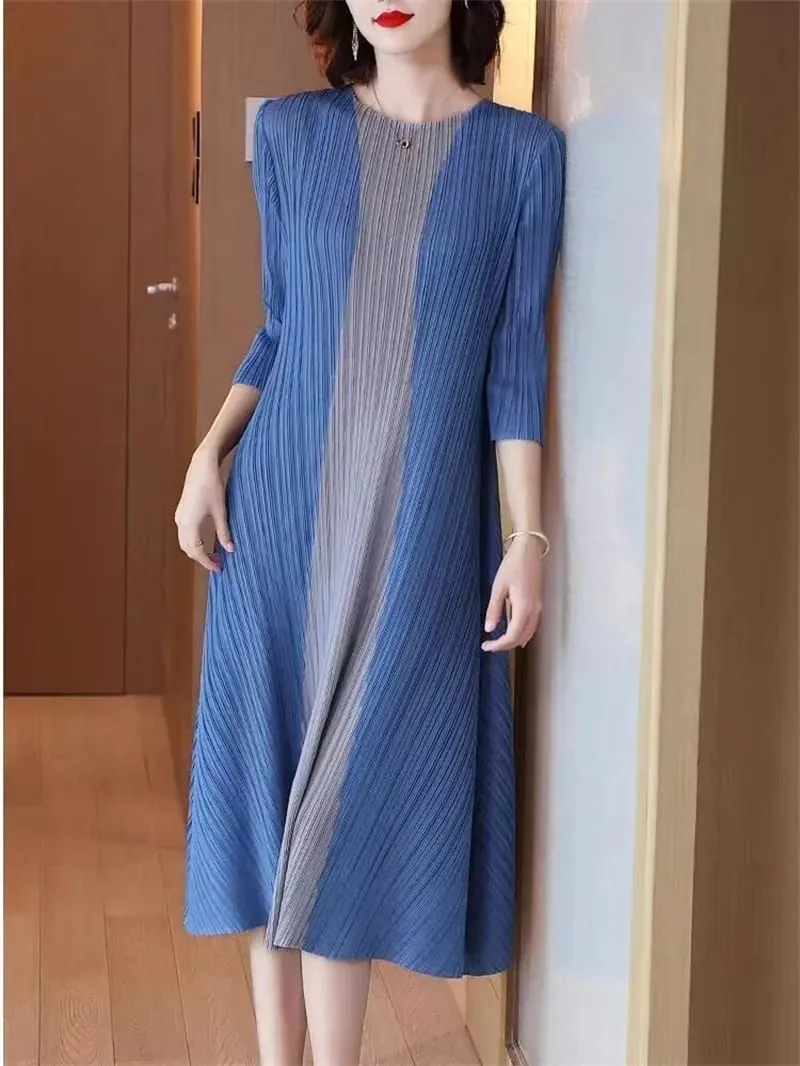 Hermosos vestidos de noche Miyake, vestido plisado para mujer, vestido sencillo a la moda con contraste elástico, suelto, manga corta, vestido con lazo en la cintura — image 3