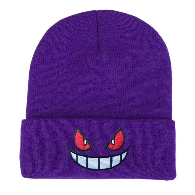 Pokemon Gengar Kartun Bordir Beanies Rajutan Skullies Musim Gugur Musim Dingin Topi Wol Hangat Gengar Wanita Pria Beanies