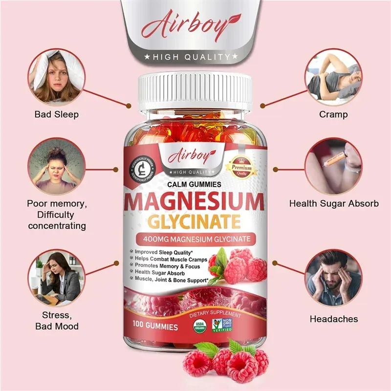 Magnesium Glycinate Gummies - Brain Health Strengthen Muscles and Bones Improve Sleep Relax Nerves