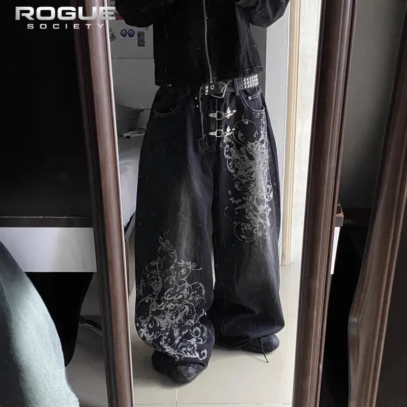 Summer Y2K Vintage Cross Print Denim Pants Men Gothic Wide Leg Baggy Straight Harajuku Trousers Grunge Streetwear Jeans Unisex