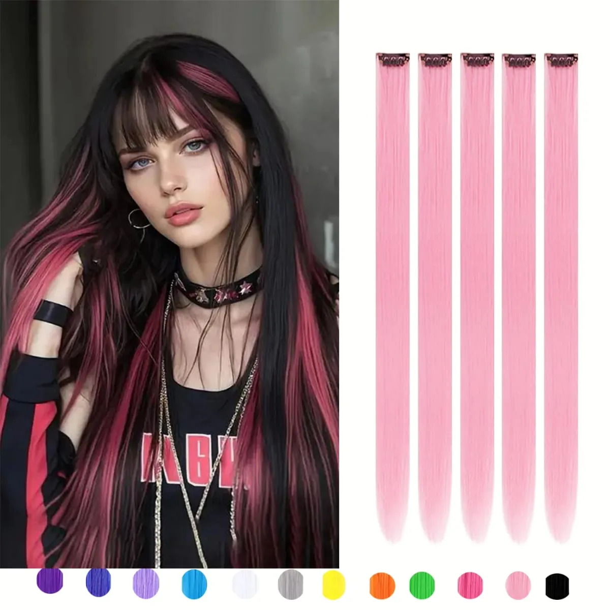 5Packs Colored Hair Extensions 22Inch Straight Color Clip in on Hair Extension Rainbow Party Highlights Synthetic Hair
