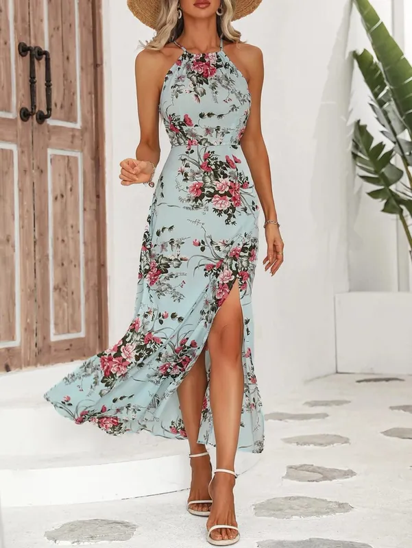 Women's Floral Print High Slit Thigh Halter Dress - Summer Sleeveless Sexy Bodycon Beach Party Clubwear