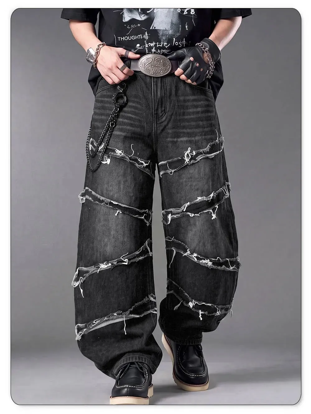 Men's Gothic Baggy Jeans Raw Frayed Edge Deconstructed Patchwork Wide Leg Denim Pants Y2K Punk Streetwear Trousers