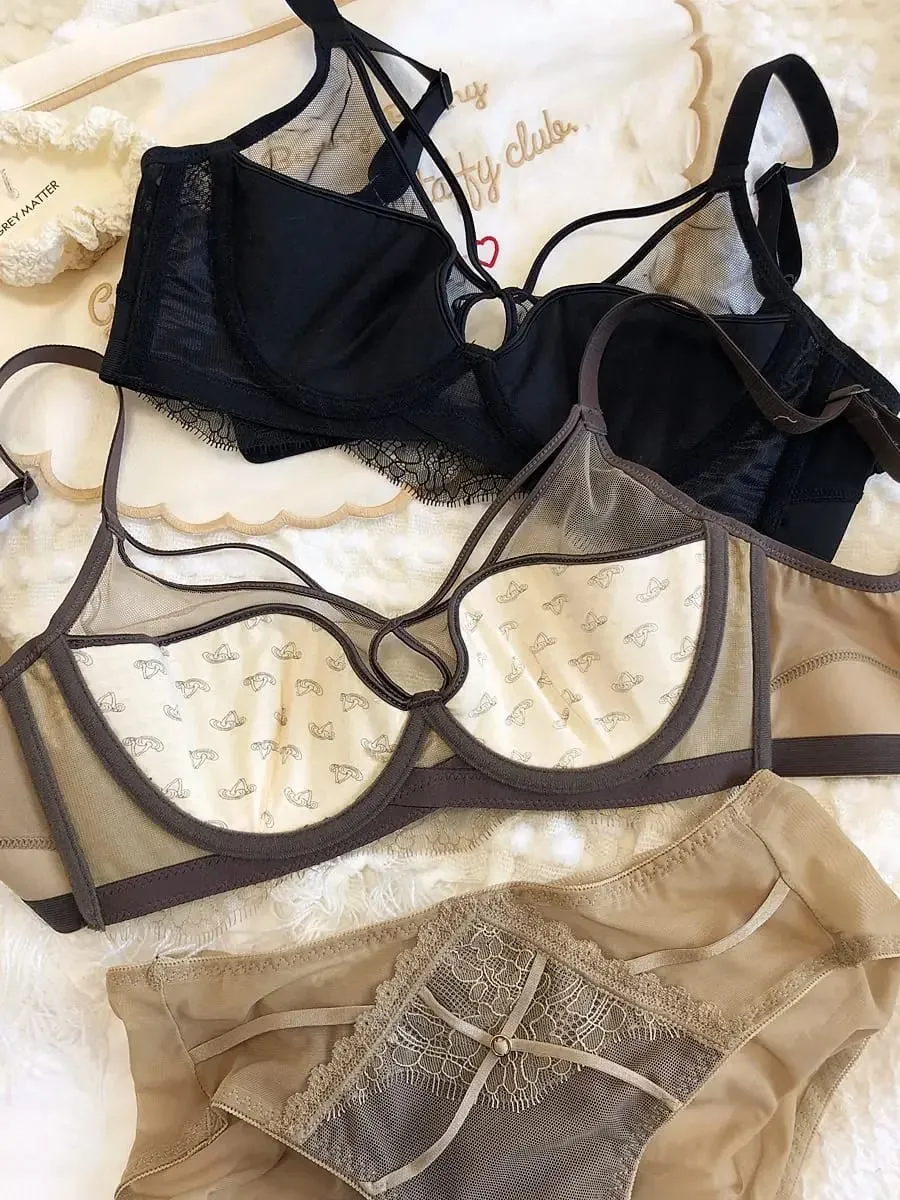 Sexy Hollow Bra Briefs Set Women Lace High Quality Underwear Thin Cup Adjustment Type Push Up Bras Mesh Lingerie Sets