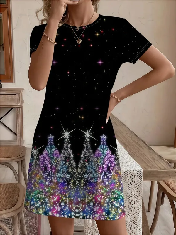 Women'S Christmas Tree Print Dress Red Golden Holiday Party Outfit All-Season Elegant Long Dress for Xmas New Year'S Eve Xmas — image 6
