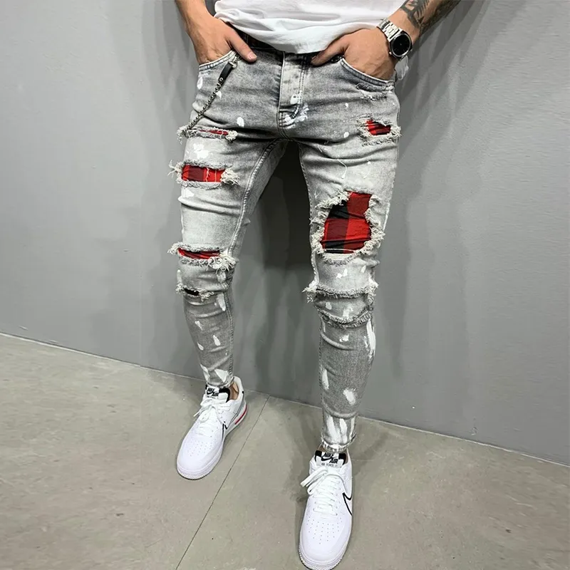 Bagong Panlalaking Skinny Ripped Jeans Fashion Grid Hole Endothecium Patches Slim Fit Stretch Casual Denim Pencil Pants Jogging Trousers