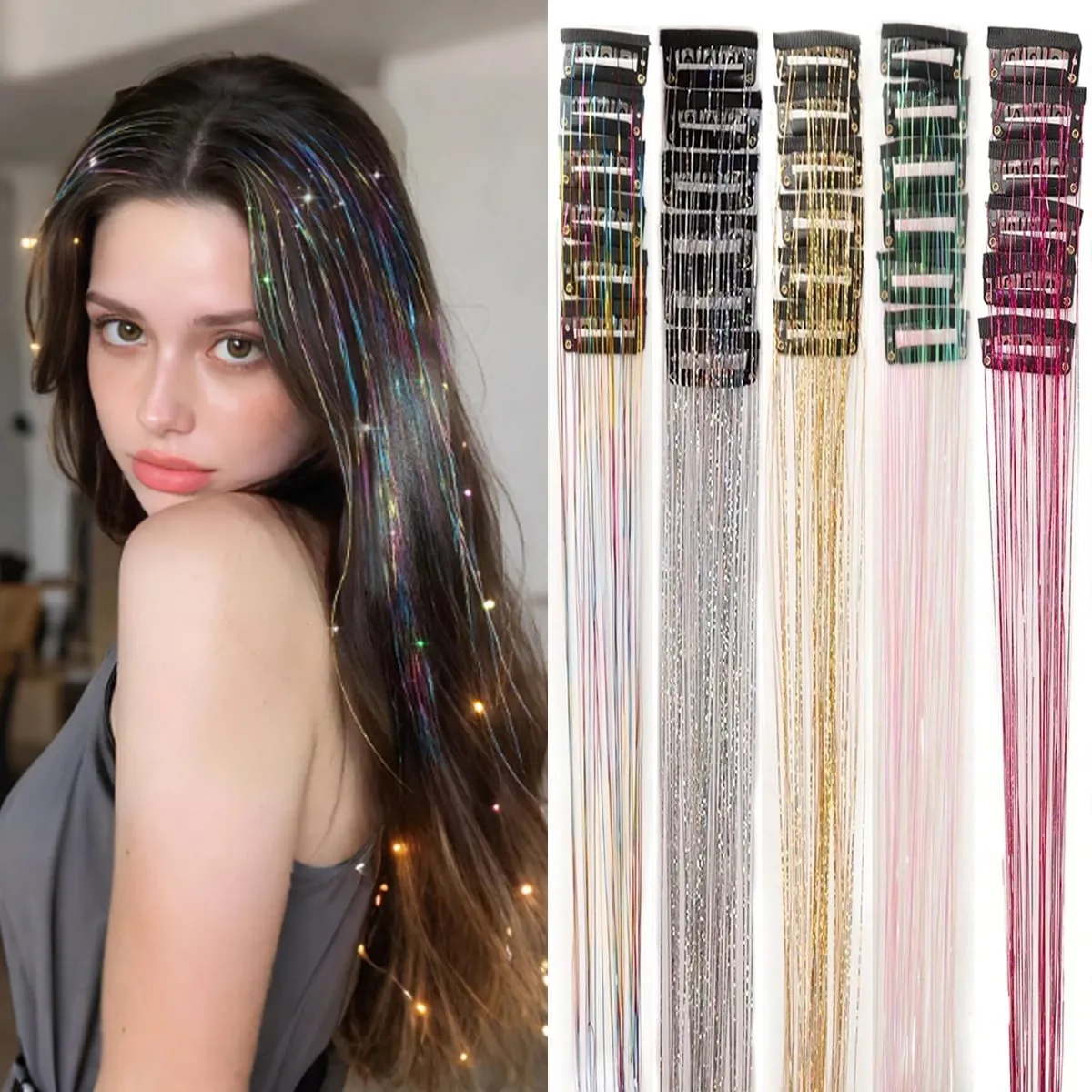 12Pcs Synthetic Hair Tinsel Clip in 20Inch Glitter Tinsel Hair Clip in Hair Tinsel Kit Heat Resistant Shiny Sparkle Fairy Hair