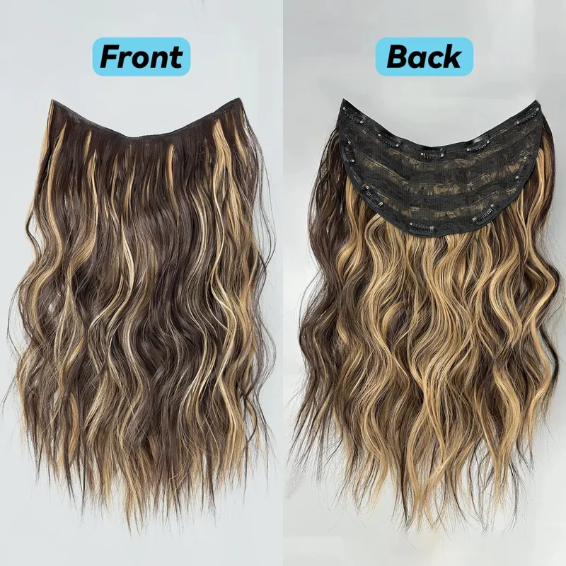 Clip In Synthetic Hair Extensions 22 Inch Long Wavy V-Shaped Hair Extension Gold Hair Piece With 10 Clips For Women Daily Use — image 12