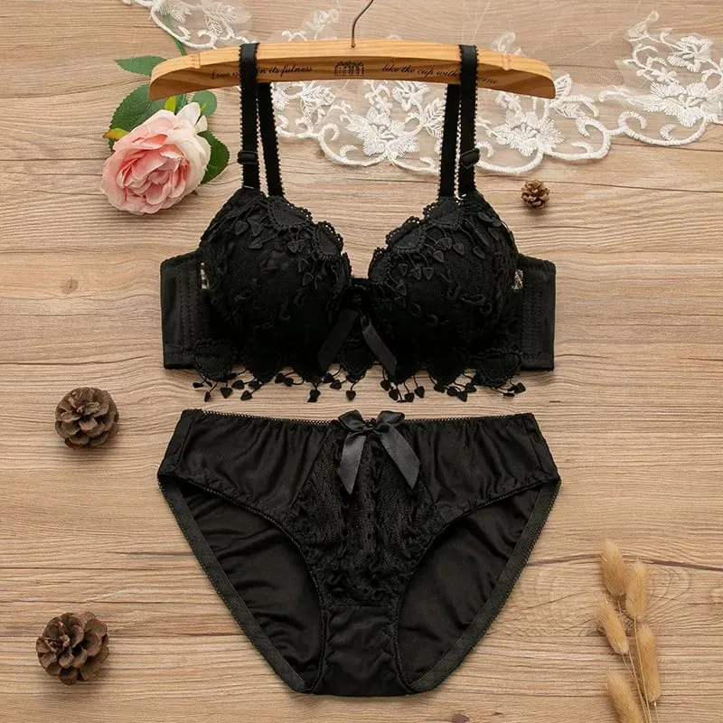 Women Wireless Lingerie Set Tassel Lace Bow Decor Push‑Up Bra & Panty Suit Adjustable Straps Ladies Intimate Underwear 32-38