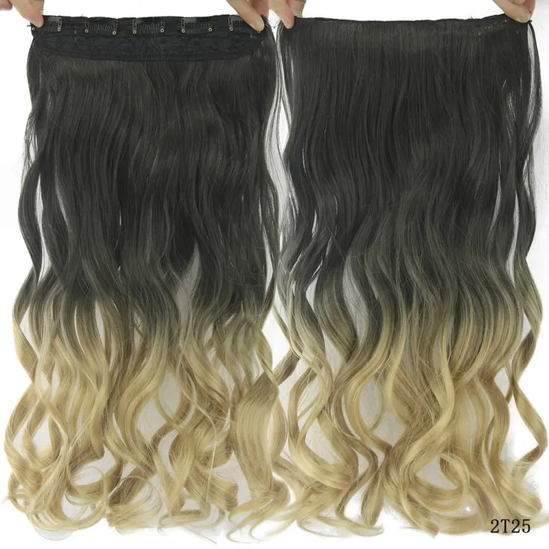 Soowee Lange schwarze bis graue lockige synthetische Haar-Ombre-Haar-Clip-In-Haarverlängerung, gefälschte Clip-Ins-Haarteile für Frauen