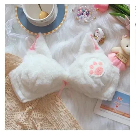 Cute Cat Paw Plush Lingerie Set for Women Warm Winter Bra & Panty with Ears Comfortable Kawaii Underwear