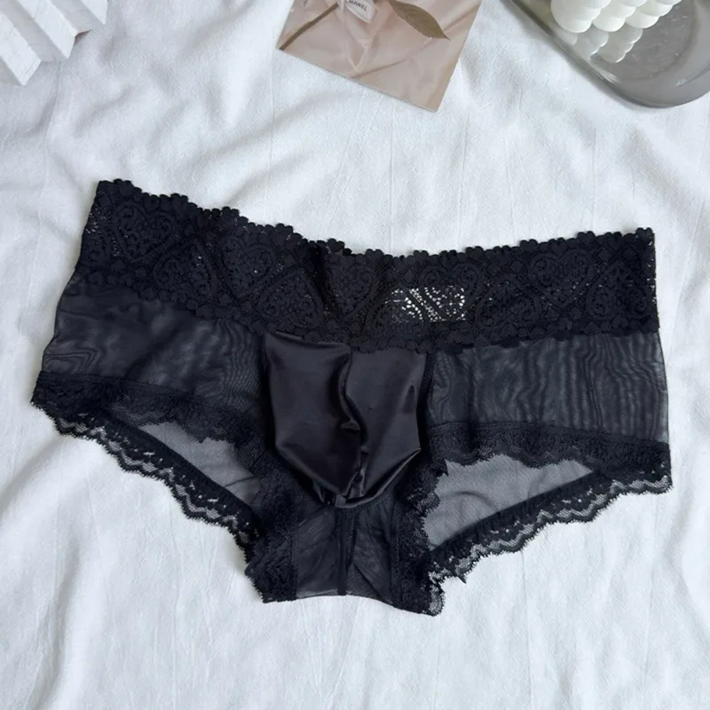 Heren Ijs Zijde Kanten Rand Dunne Naadloze Slips Glanzend 3D Zakje Lichtgewicht Ondergoed Slipje Comfortabele Dagelijkse Lingerie