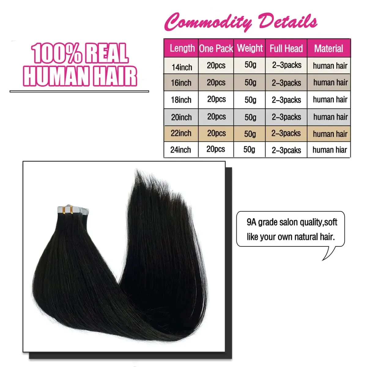 Tape In Hair Extensions Human Hair Natural Black Real Human Hair 20Pcs 50G/Pack Straight Seamless Skin Weft Tape Hair Extensions