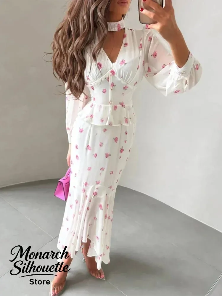 White Pink Floral Choker Neck Dress Women Elegant V-neck 3/4 Sleeves Peplum Ruffle Hem Long Dresses 2026 Lady Daily Vestidos New