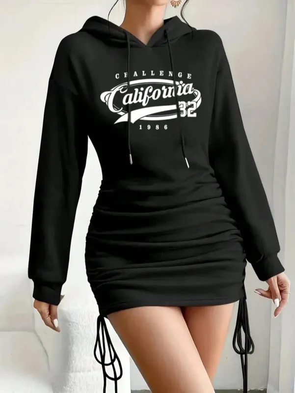 2026 Women's New Casual Long Sleeved Solid Color Pattern Short Hooded Dress Short Skirt Suitable for Daily Outdoor Wear