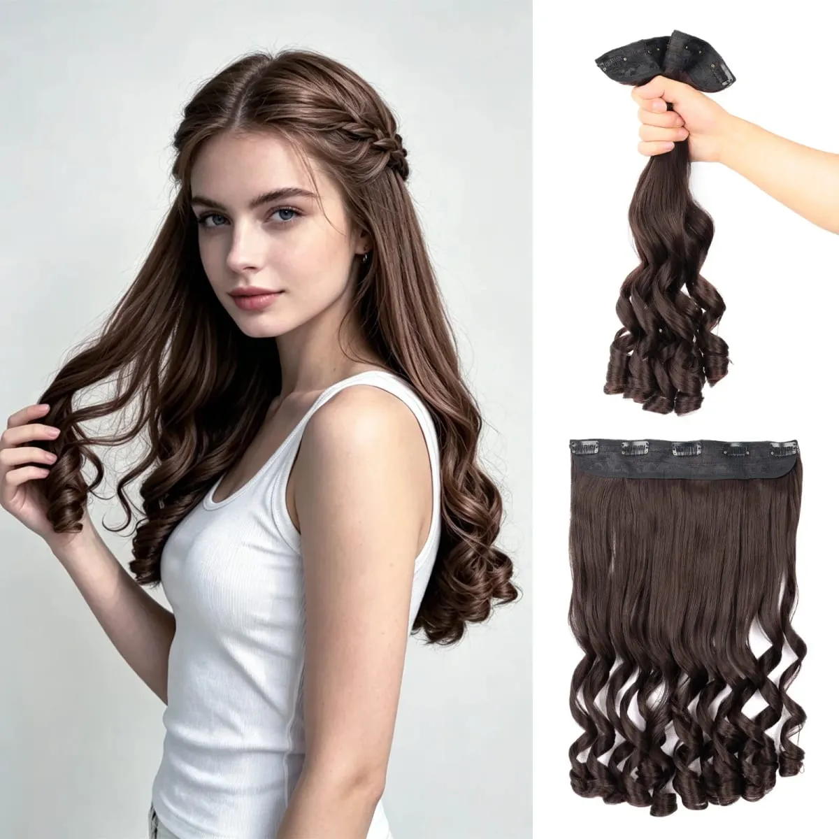 Synthetic Clip in One Piece Hair Extensions 5 Clips in one piece false hair 16inch French curl Style for women girls Daily Party
