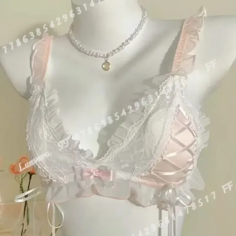 Lolita Style Thin Lace Triangle Cup Bra Set for Women Cute Small Bust Sexy Lingerie Underwear