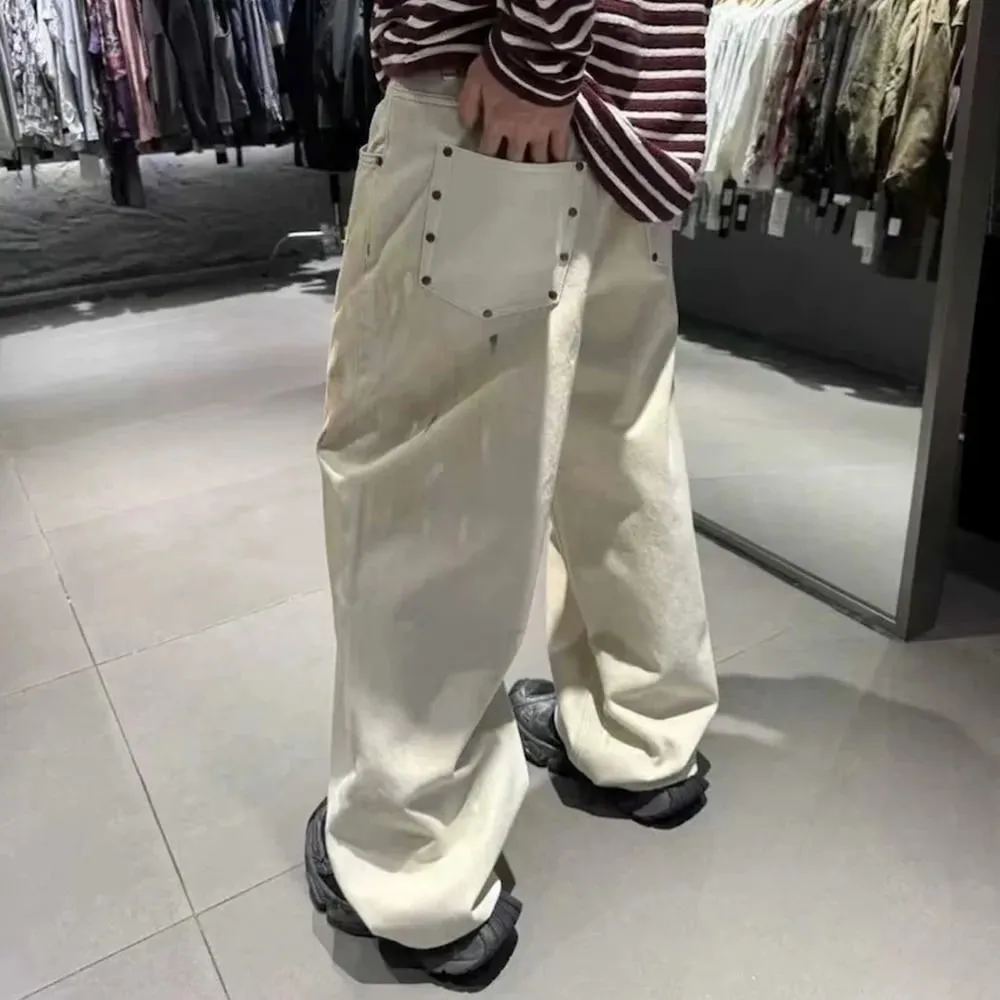 High Street Dirty Mud Splatter Baggy Jeans for Men Solid Color Loose Straight Rivet Pocket Washed White Denim Trousers Oversize