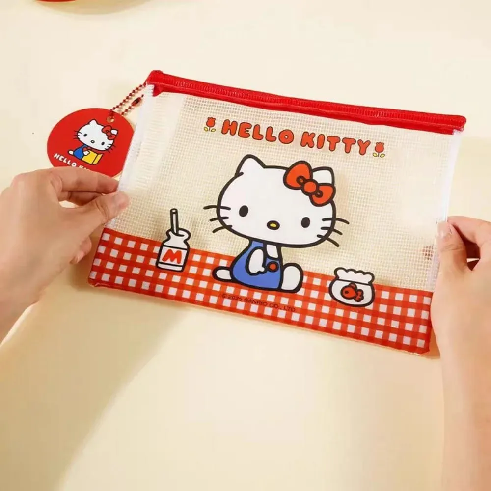 정품 Sanrio 헬로 키티 A5 메쉬 지퍼 주머니 귀여운 Kt 고양이 방수 PVC 문서 가방 학교 파일 펜 편지지 정리
