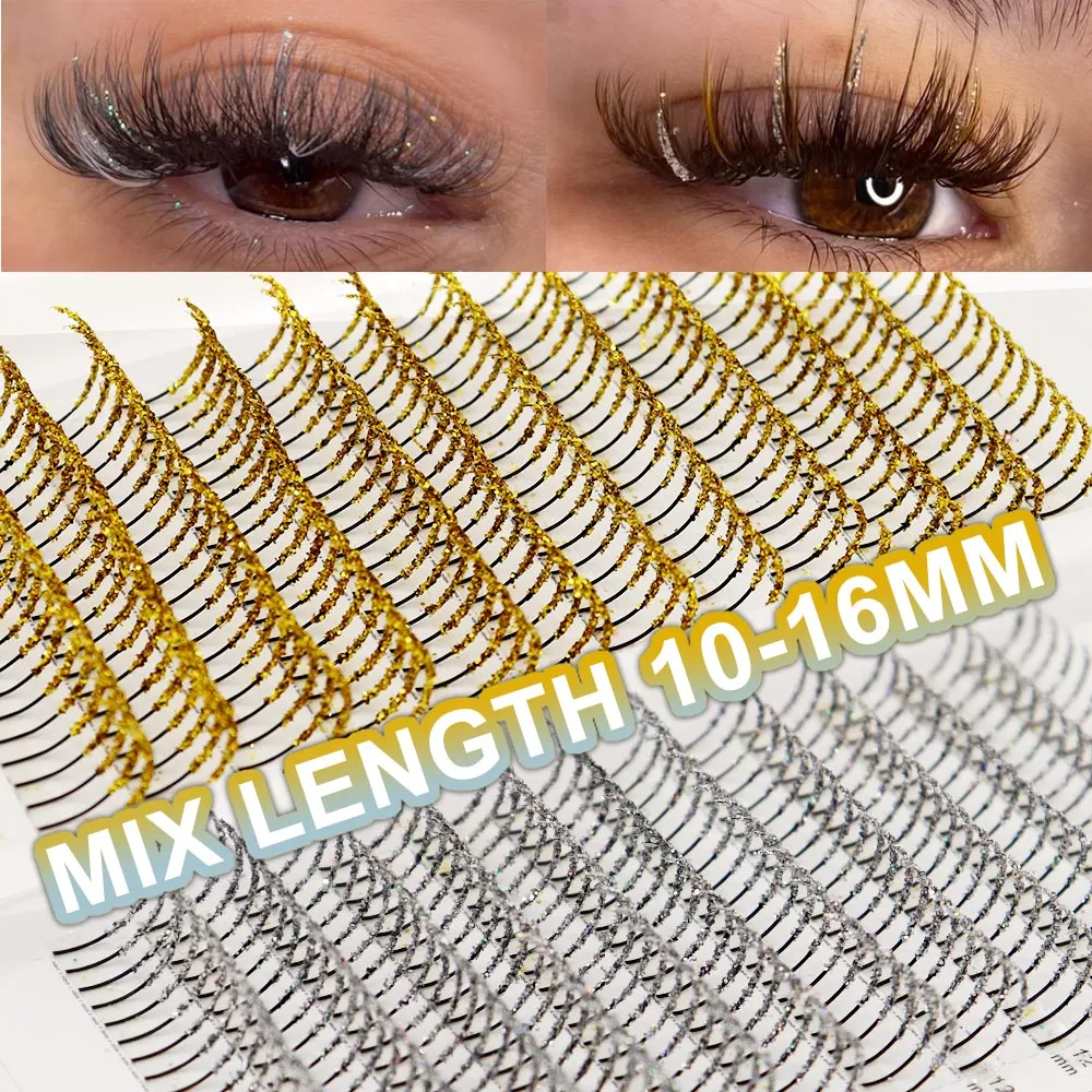 Golden Silver Fashion Glitter Eyelash Extensions Mix Length Individual Eyelash Extension False Eyelashes Glitter Silver