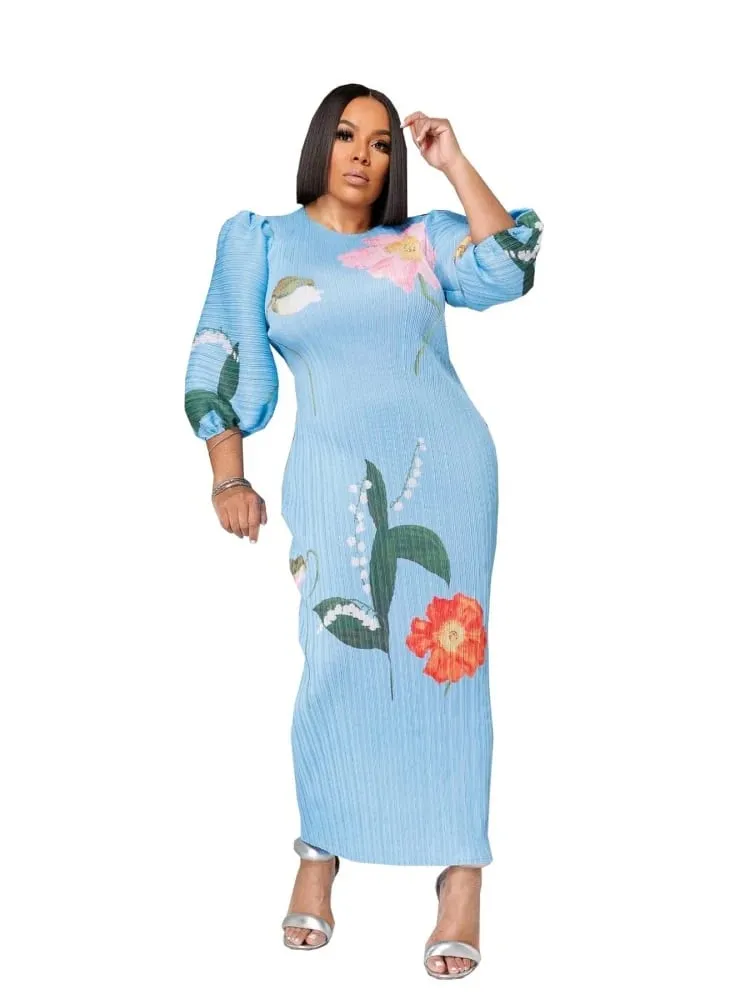 Wmstar vestidos femininos atacado moda senhoras de alta qualidade lanterna manga plissada flor impressão em torno do pescoço maxi vestido novo verão