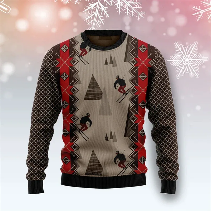 Fashion Skiing Santa Graphic Ugly Christmas Sweater For Men Trendy Streetwear 3D Printed Xmas Sweatshirts Loose Holiday Pullover