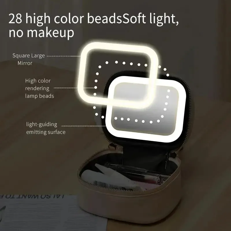 Portable Comestic Tools Storage Bag with LED Mirror Small Makeup Bag with 3 Light Modes Orangizer for Brushes and Lipstick