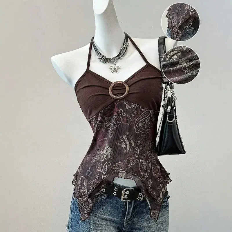 Sexy Spicy Girl Sleeveless Halter Tops Women's Printed Mesh Splice Slim Fit Backless Camisole Summer Fashion Elegant Crop Top
