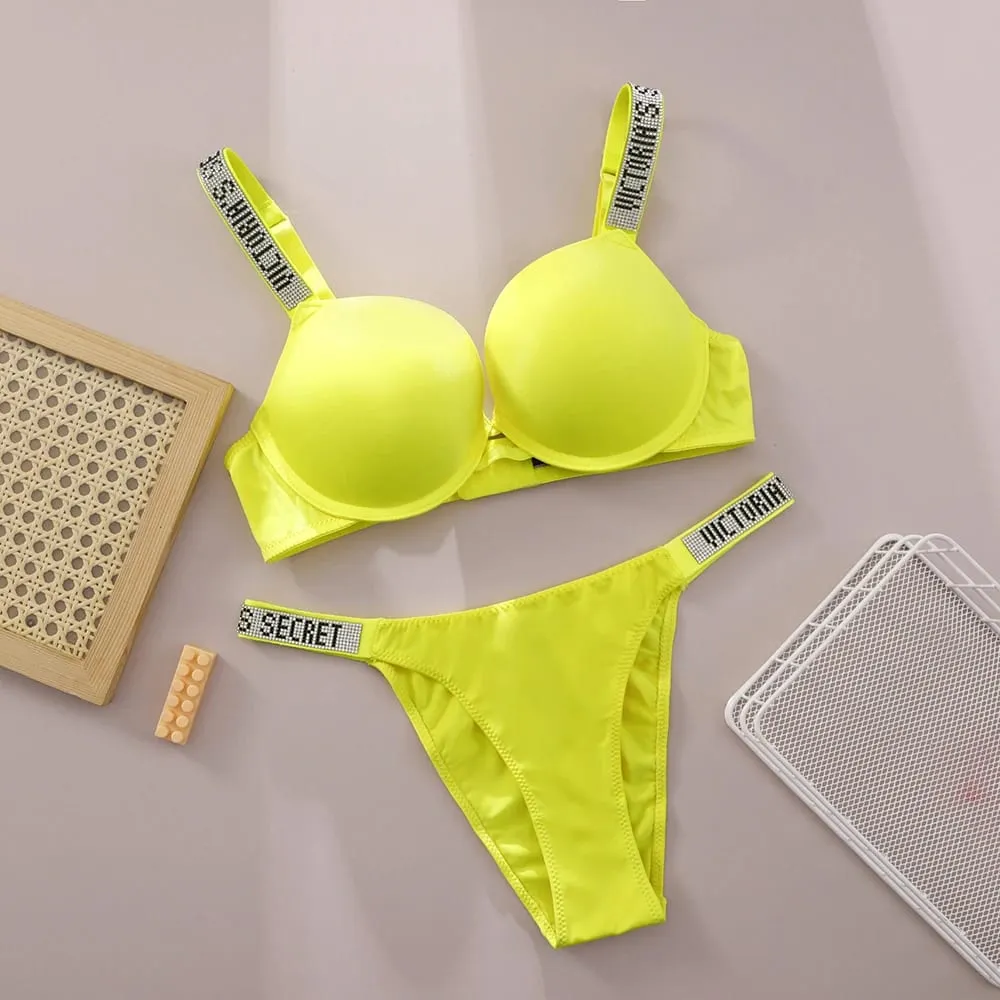 Victoria Secret Hot Sexy Lingerie Set Very Sexy Logo Shine Strap Push Up Bra With Shine Script Thong Panty
