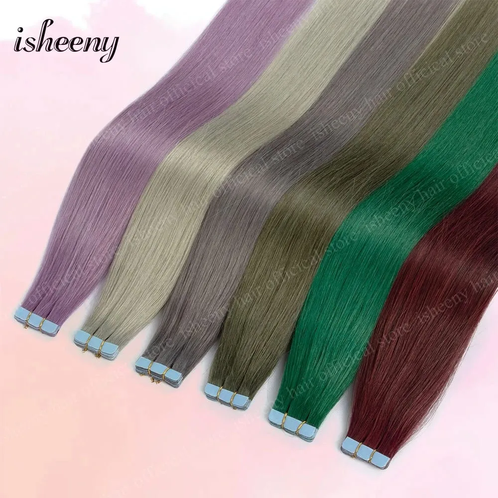 Isheeny 12' 16' 20' Tape In Hair Extensions Invisible Adhesive Tape In Hair Extension 10pcs/pack Pink Purple Blue Colorful Hair