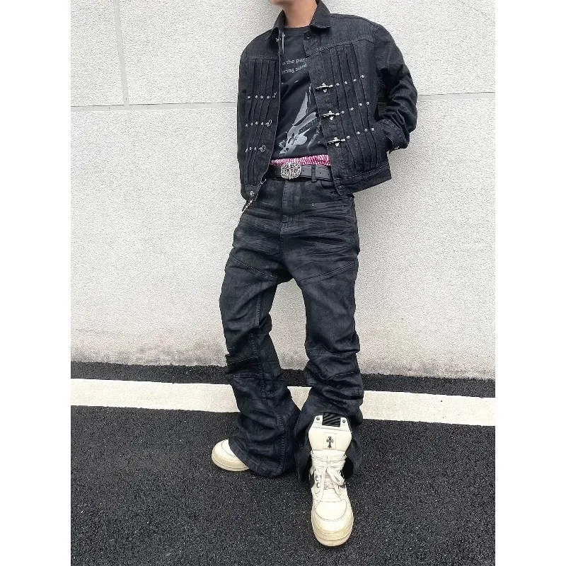 Denim Pant Men Stacked Jeans Vintage Pants Spliced Full Length Mid Waist Washed Straight Trousers Y2k High Street Casual Spring