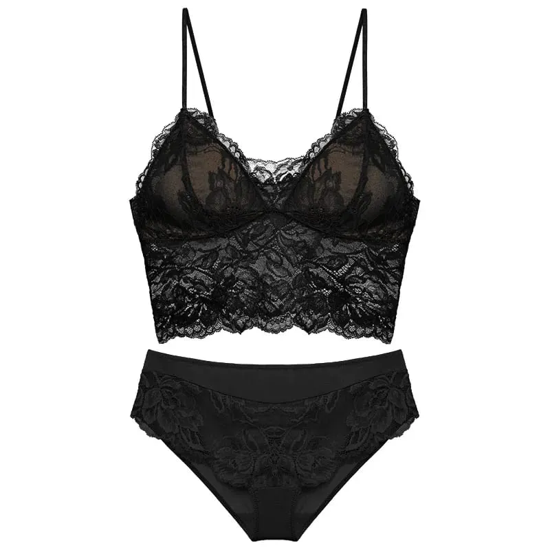 French Backless Bralette Sheer Lace Wireless Halter Top No Underwire Anti Nipple Show Comfort Bra & Tushy Set CA MOYISU Sexy Bra