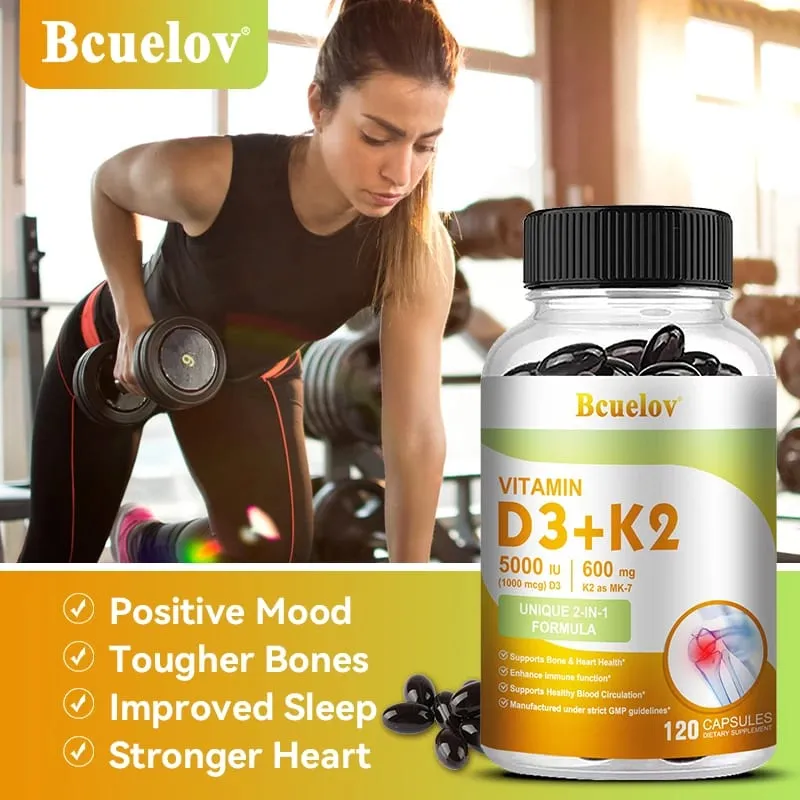 Bcuelov Vitamin D3+K2 5000 IU Vitamin D3 formula bukan GMO yang mudah ditelan vitamin D dan K kompleks makanan tambahan