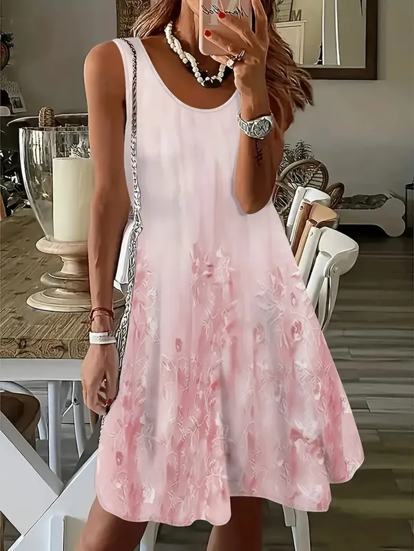 2026 Summer Women's Sleeveless Dresses Knee-Length Round-Neck Dresses Beach and Vacation Casual Dresses Printed Women's Dresses