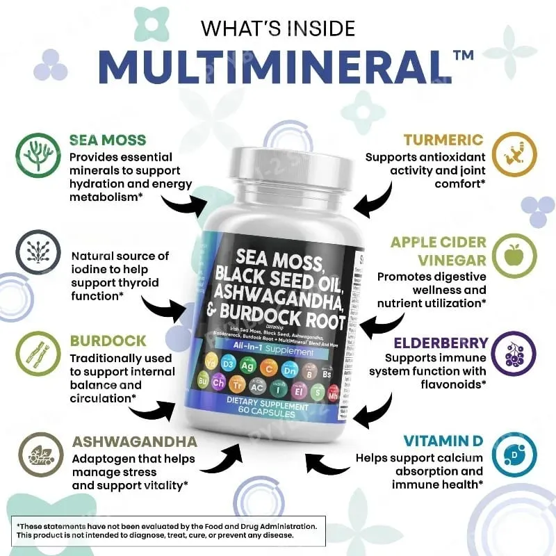 Sea Moss Kapsler indeholder sort frø gurkemeje og D-vitamin plantebaseret dagligt mineral alt i ét tilskud 60 antal pr. flaske