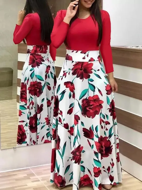 2024 Vestido de manga corta a juego con estampado de flores de estilo europeo y americano para mujer, falda con vuelo grande