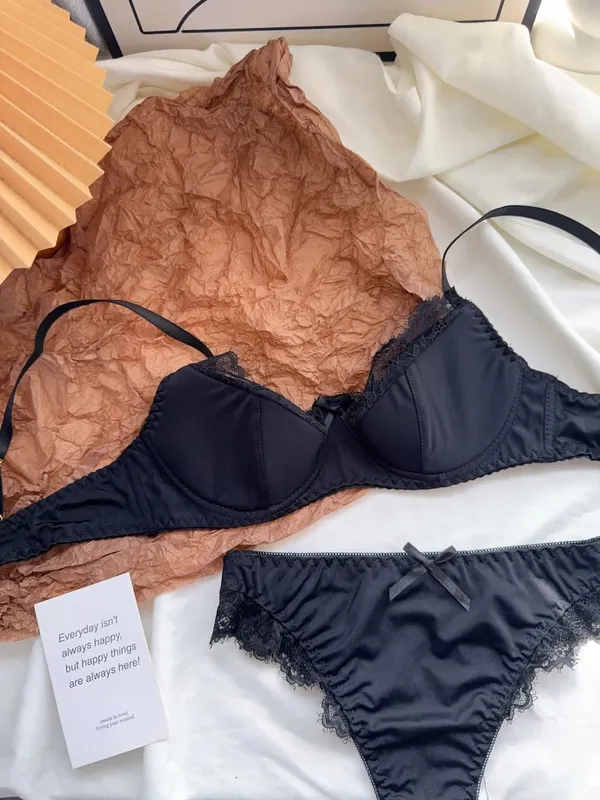Satin Lace Lingerie Set for Women Push Up Bra & Briefs with Rabbit Ears Sensual Underwear