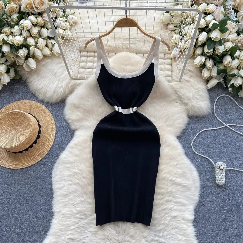 Elastic Fashion Trend Casual Knitting Wrap Dress Sleeveless Off Shoulder Contrast Hollow Out Summer Women Stripe Sexy Slim Dress