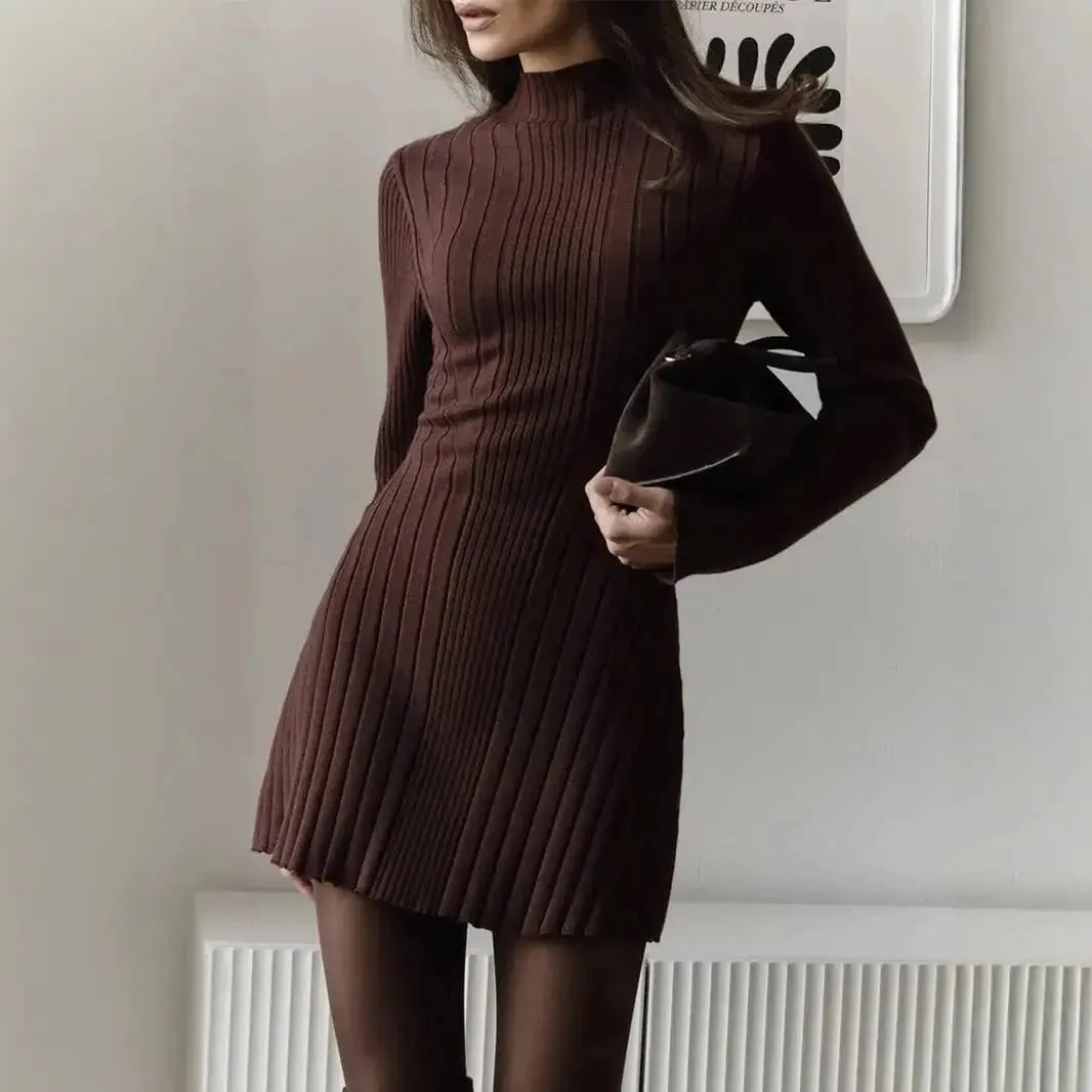 Knitting Dress Women's 2026 Spring Knitted Dress Long Sleeve Semi-High Neck A Line Skirt For An Elegant And Playful Look