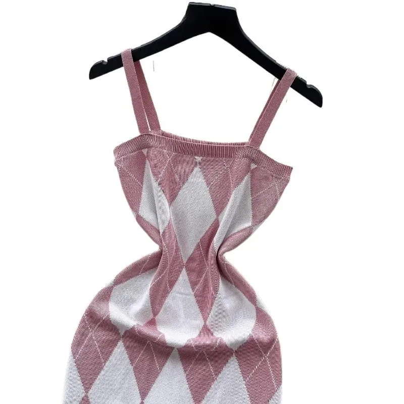 Argyle Pattern Mini Dress Women's Spaghetti Strap Square Neck Sundress Stretchy Knit Bodycon Casual Party Clubwear Dress Outfits