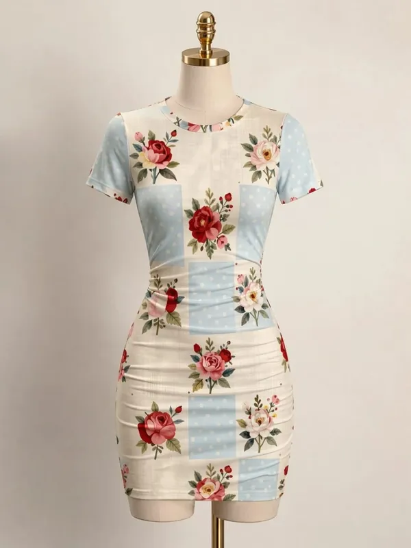 Womens Short Sleeve Bodycon Mini Dress Slim Fit Crew Neck Floral Print Casual Summer Party Cute Elegant Travel Vacation Sundress