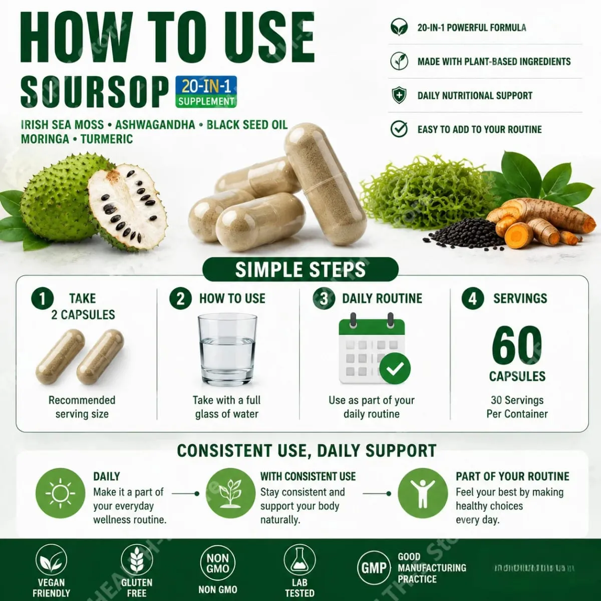20‑IN‑1 Irish Sea Moss Capsules with Soursop Vitamin C & Vitamin D3 Immune Health & Digestive Support Plant‑Based 60 Capsules