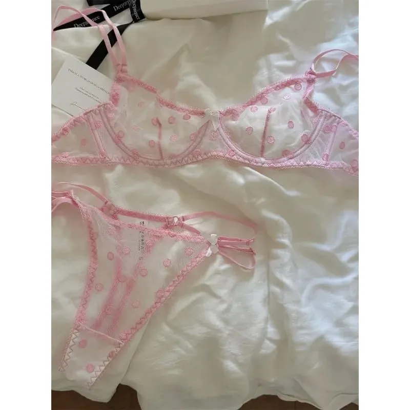 French Retro Lace Bra & Thong Set | Sexy Polka Dot Sheer Mesh Lingerie for Plus Size Big Bust Ultra Thin MOYISU Panty TUSHY Set